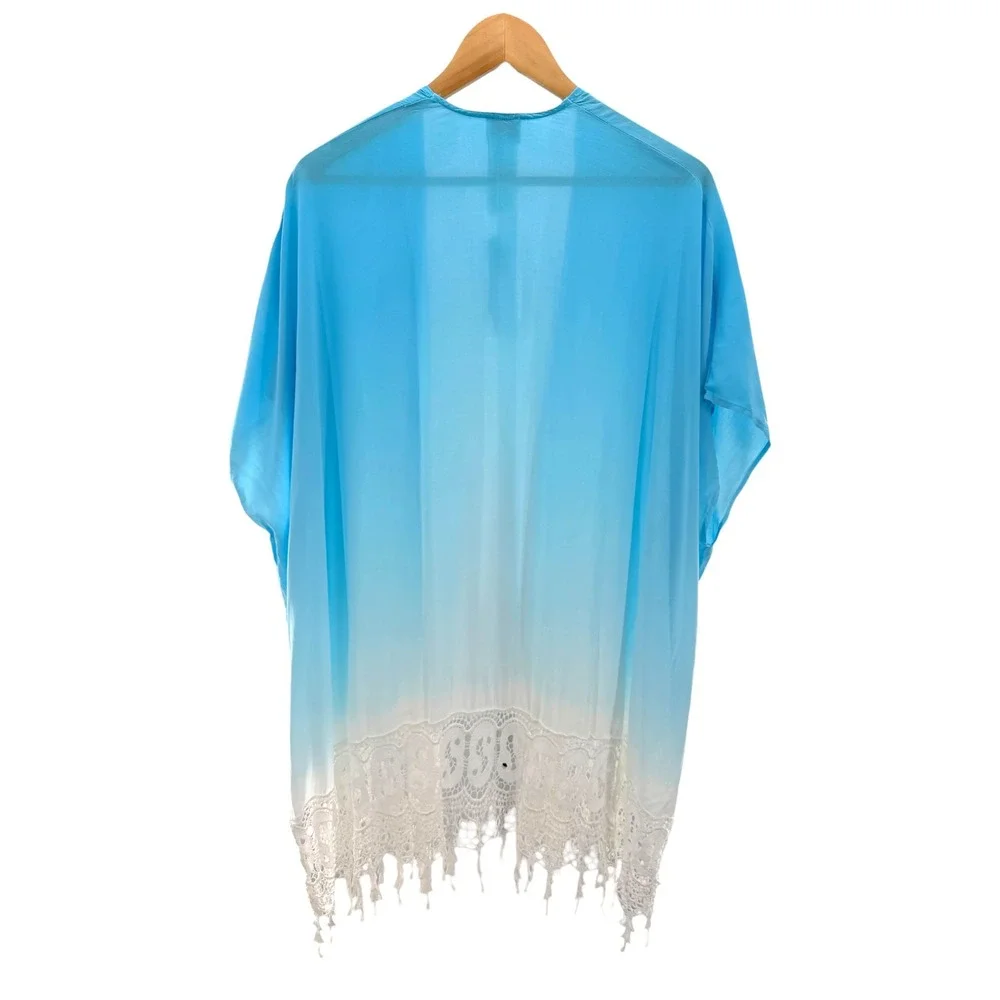 Chico's Dip Dye Ruana Poncho Blue White Ombre Crochet Lace Fringe Kimono S/M New